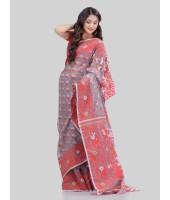 Women`s Phulkari Resham Dhakai jamdani Bengal Pure Cotton Handloom Saree Whole Body Design without Blouse Piece (Grey Red)